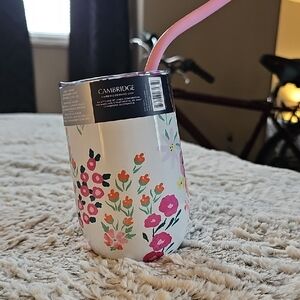 Floral Insulated Tumbler with Straw - White and Pink
